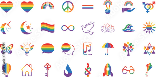 LGBTQ+ Pride Symbols and Icons in Rainbow Colors on White Background