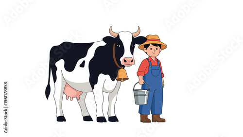 Young farmer wearing a straw hat and overalls stands next to a spotted dairy cow while holding a bucket of fresh milk in a rural farm setting.