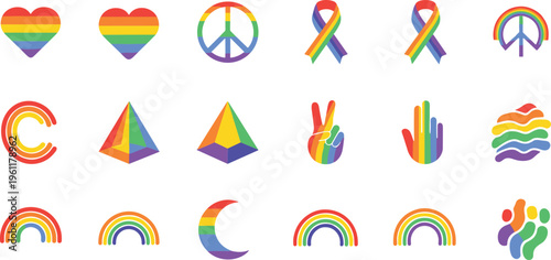 LGBTQ+ Pride Symbols and Icons in Rainbow Colors on White Background