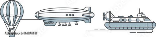 Simple illustration depicting various forms of transportation including a hot air balloon, a zeppelin, and a futuristic hovercraft design.
