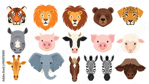 Collection of various wild and domestic animal head icons featuring lion tiger elephant giraffe zebra and farm animals for educational use or design.
