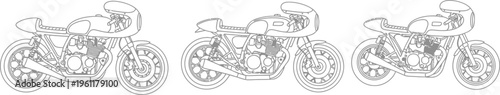 Three detailed line art illustrations of classic cafe racer motorcycles showcasing vintage racing style design elements clearly