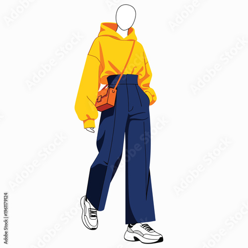 Woman Wearing Yellow Hoodie and Blue Jeans.
