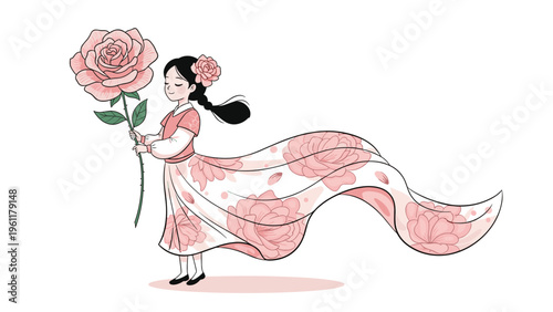 Young woman in traditional Korean hanbok holds a giant pink rose while her long floral skirt flows gracefully in the wind in a delicate art style.