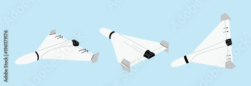Military drone, unmanned aerial vehicle flying in different angles. Modern aerial technology. Set of simple drone views isolated on blue background.