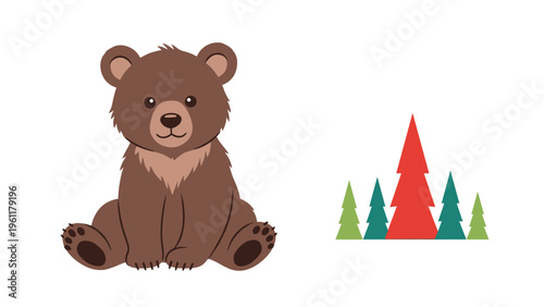 Cute brown bear cub sits on the ground next to a stylized group of green and red pine trees in a simple and modern children's art style.