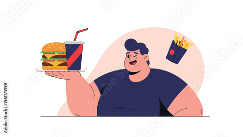 Happy man winks while holding a tray with a large double cheeseburger and a soda with a flying box of french fries in a colorful food concept.