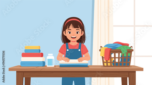 Smiling young girl in a red shirt and blue overalls happily folds a stack of clean laundry on a wooden table in a bright domestic room.