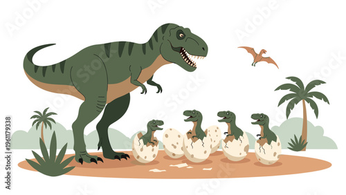 Mother Tyrannosaurus Rex watches over her four baby dinosaurs hatching from their eggs in a prehistoric landscape with palms and a pterodactyl.