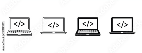 Laptop coding icon set. Coding brackets on the screen show software development, programming, and web coding interfaces in outline, glyph, and colored styles. Vector illustration