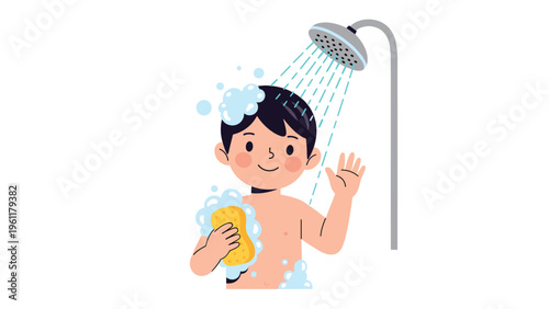 Happy young boy with black hair waves his hand while taking a refreshing shower with a sponge and soapy bubbles for good hygiene.
