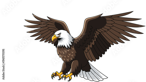 Majestic bald eagle with its brown wings fully spread and talons ready for action glides gracefully through the air on a white background.