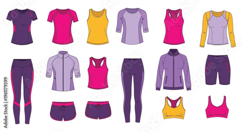 A comprehensive flat vector illustration set of women's comfortable activewear and fitness clothing collection.