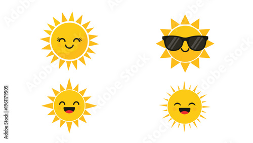 Set of four yellow sun characters with different facial expressions including wearing sunglasses and winking for weather icons or designs.