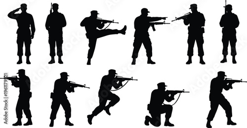 Black silhouette collection of modern soldiers in uniform with rifles in various combat and tactical poses isolated on white background