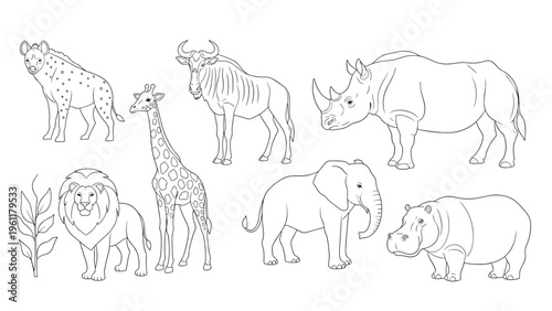 Selection of outlined African savanna animal silhouettes including a lion elephant giraffe rhino and hyena for coloring or educational use.