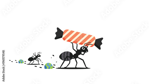 Large black ant carries a striped candy piece while a smaller ant carries green berries following a trail of crumbs in a nature scene.