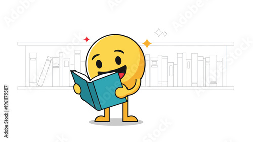 Happy yellow character with a big smile and bright eyes stands while reading an open book in front of a library bookshelf.