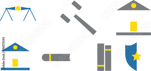 Various flat design icons representing concepts of law, justice, and government are displayed against a white background.