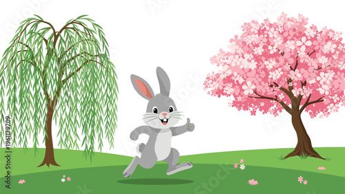 Playful grey rabbit runs across a green field between a weeping willow tree and a beautiful pink cherry blossom tree.