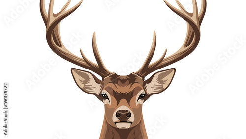 Majestic deer with impressive large antlers stares forward in a detailed vector portrait illustration against a white background.