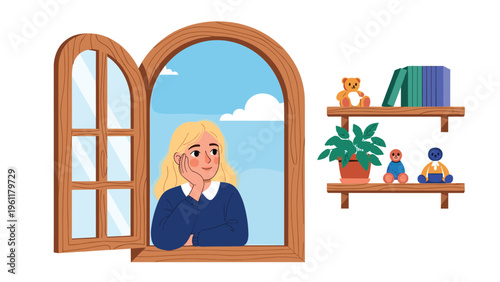 Blonde girl looks thoughtfully out of an arched wooden window from a room with shelves holding books, plants, and toys.