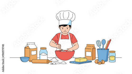 Young boy wearing a white chef hat and apron prepares a recipe by mixing ingredients in a red bowl with various kitchen tools.