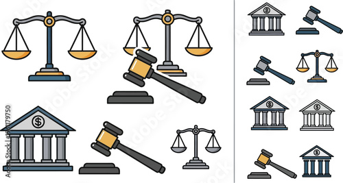 A collection of stylized legal and financial icons featuring scales of justice, gavels, and courthouse buildings represents the concept of law and banking authority.