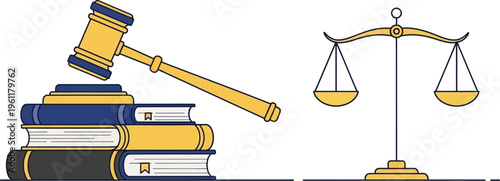 A prominent gavel rests beside a stack of law books and the iconic scales of justice, symbolizing the foundation and execution of legal judgment and jurisprudence.