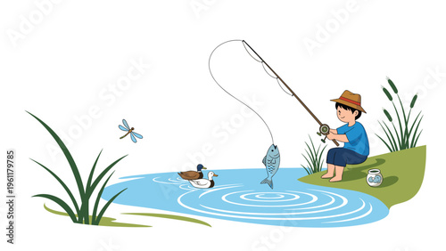 Young boy wearing a straw hat sits by a peaceful blue pond fishing with a rod while ducks swim and a dragonfly flies by.