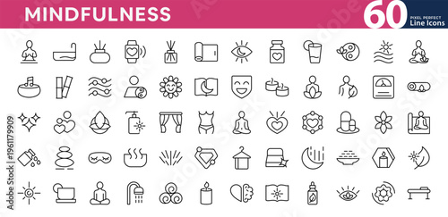 Mindfulness line icon set. Exercise, zen wellness, spiritual healing, body, massage, meditation icons design. Editable vector stroke