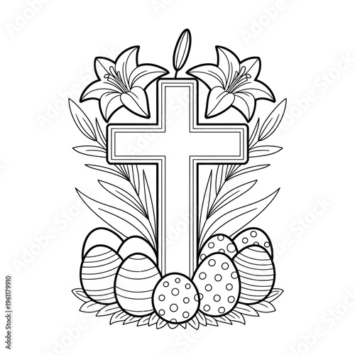 Old marble stone christ cross with with candles and lilies. Vector hand drawn isolated illustration on white background. Sketch symbol of Jesus, death, cemetery, christianity, religion, faith