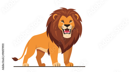 Proud male lion with a thick brown mane stands confidently and roars with its mouth open showing its sharp white teeth.