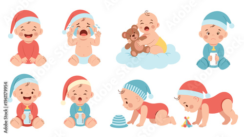 Large set of adorable baby characters in various poses including crawling, crying, sleeping, and playing with a teddy bear.