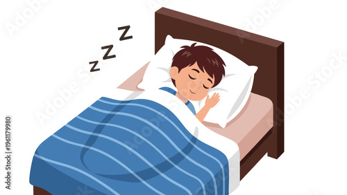 Young boy sleeps peacefully in a dark wood bed under a blue and white striped blanket with three z sleep symbols above.