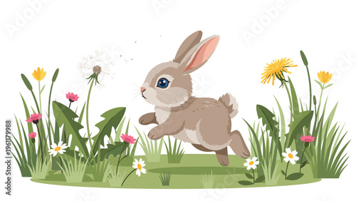 Small brown rabbit hops through a field of tall green grass and bright yellow dandelions under a clear white sky.