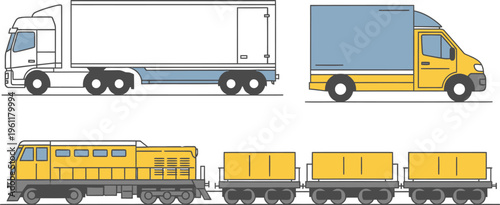 Collection of flat style transportation icons illustrating various heavy goods vehicles including a semi truck a delivery van and a freight train engine with cars.
