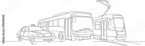 Black and white line art illustration showcasing diverse urban public transportation options including a taxi bus and tram