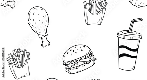 Hand drawn fast food doodle pattern with burger fries fried chicken soda drink seamless vector background illustration