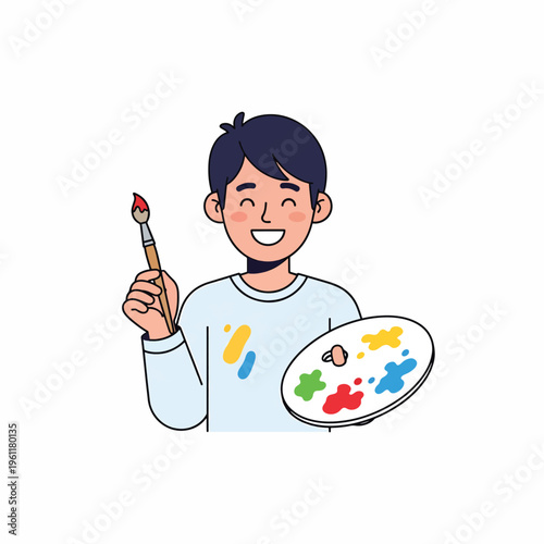 Young Boy Holding Paintbrush and Palette.