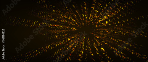 Golden glittering dots with light effect on black background. Elegant luxury festive backdrop for celebration, party invitation, greeting card design or holiday decoration. Vector illustration.
