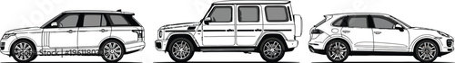 Comparison illustration showcasing side profiles of luxury sport utility vehicles including Range Rover Mercedes G Wagon and Porsche Cayenne models.