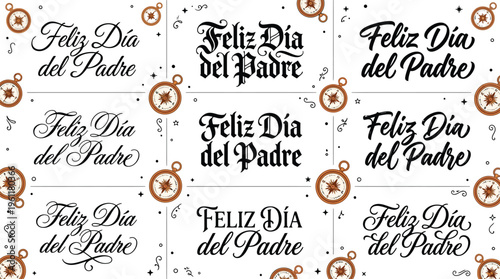 Feliz Dia del Padre Spanish lettering set, Father's Day calligraphy collection with 9 typographic styles, vintage compass and watch icons