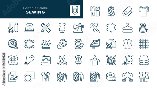 Sewing. Set of outline icons. Handicraft, knitting, sewing, tailor, fabric, threads, sewing machine, needle, pattern, mannequin and more. Line icon in linear style. Vector collection	