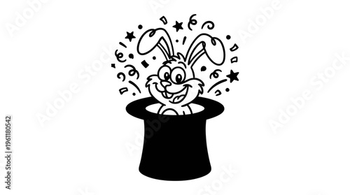 Minimalist Magician Hat with Funny Rabbit Line Art, Monochrome Vector Illustration of Cartoon Magic and Comedy
