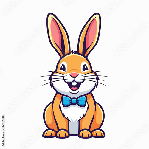Cartoon rabbit with blue bowtie smiling.