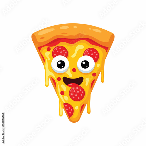 Cartoon pizza slice with face.