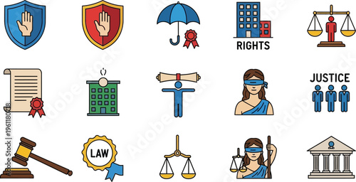Collection of detailed flat icons represents various legal concepts including justice, rights, contracts, and courtroom symbols.