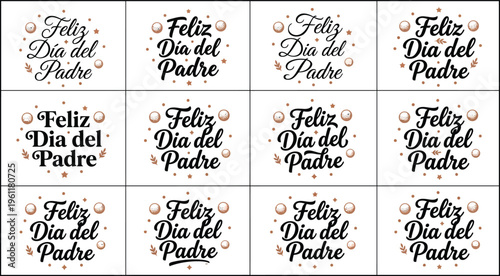 Feliz Dia del Padre Spanish Father's Day greeting card collection. Features twelve unique typographic designs with decorative elements. Elegant vector illustration for celebration and appreciation.