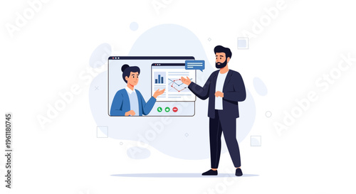 Online business meeting with video conference and analytics presentation